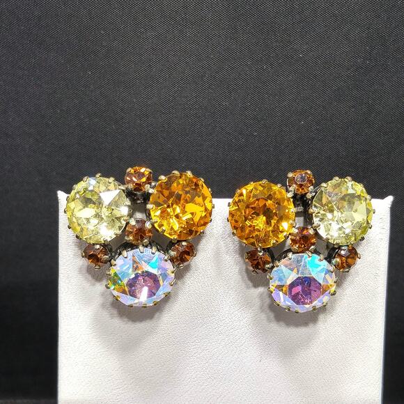 Karu Arke 1950s Austrian Rhinestone Earrings Topaz Aurora Borealis Vintage - Picture 8 of 10